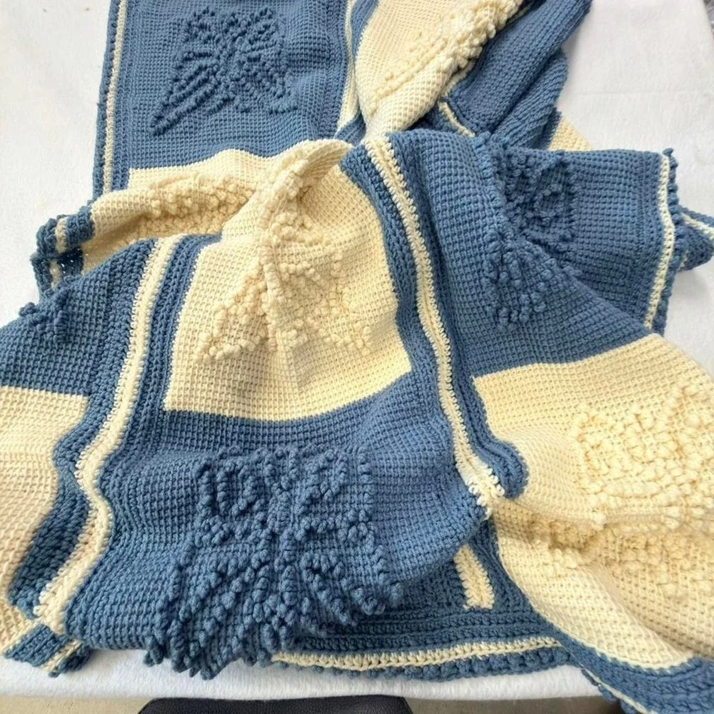 Handmade Crochet Butterfly Afghan Throw Blanket 54x68 Blue Cream Cottagecore